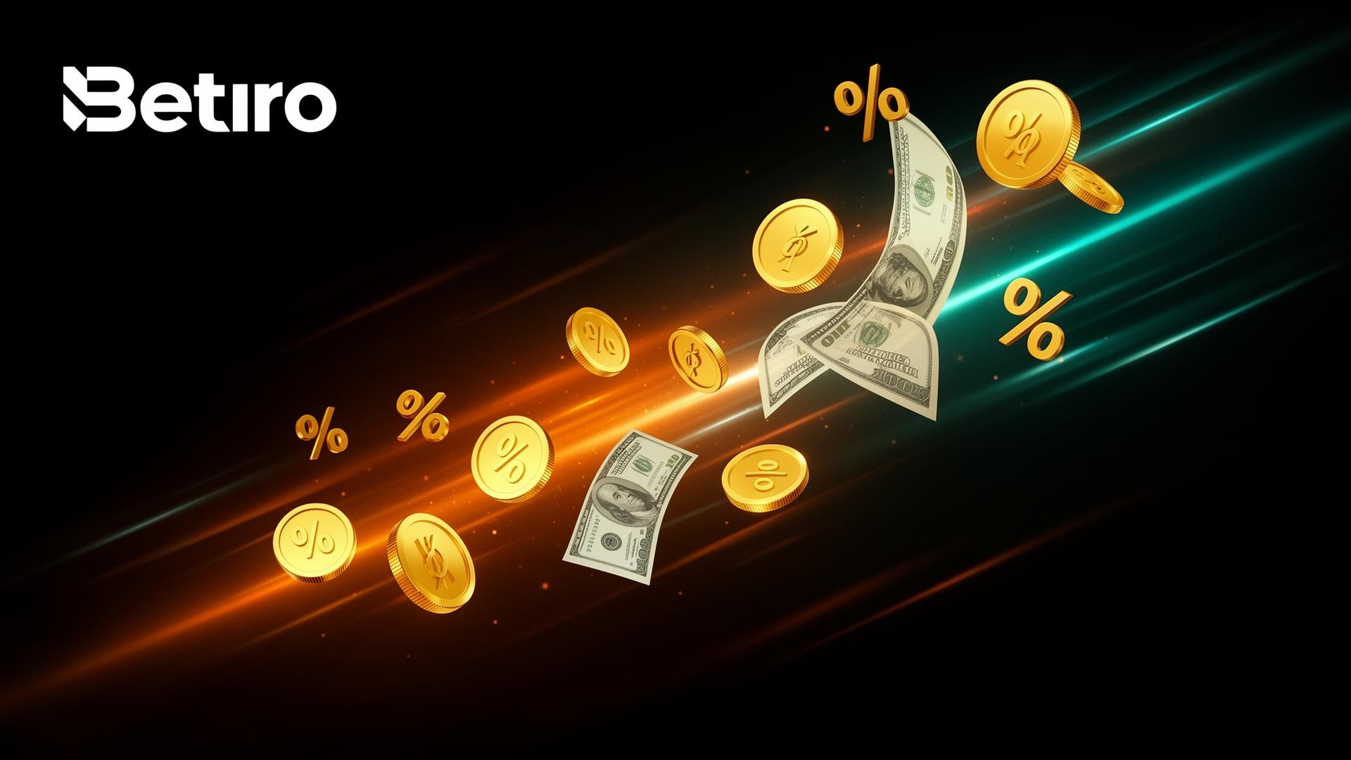 Betiro cashback promotie banner met gouden munten en percentage symbolen