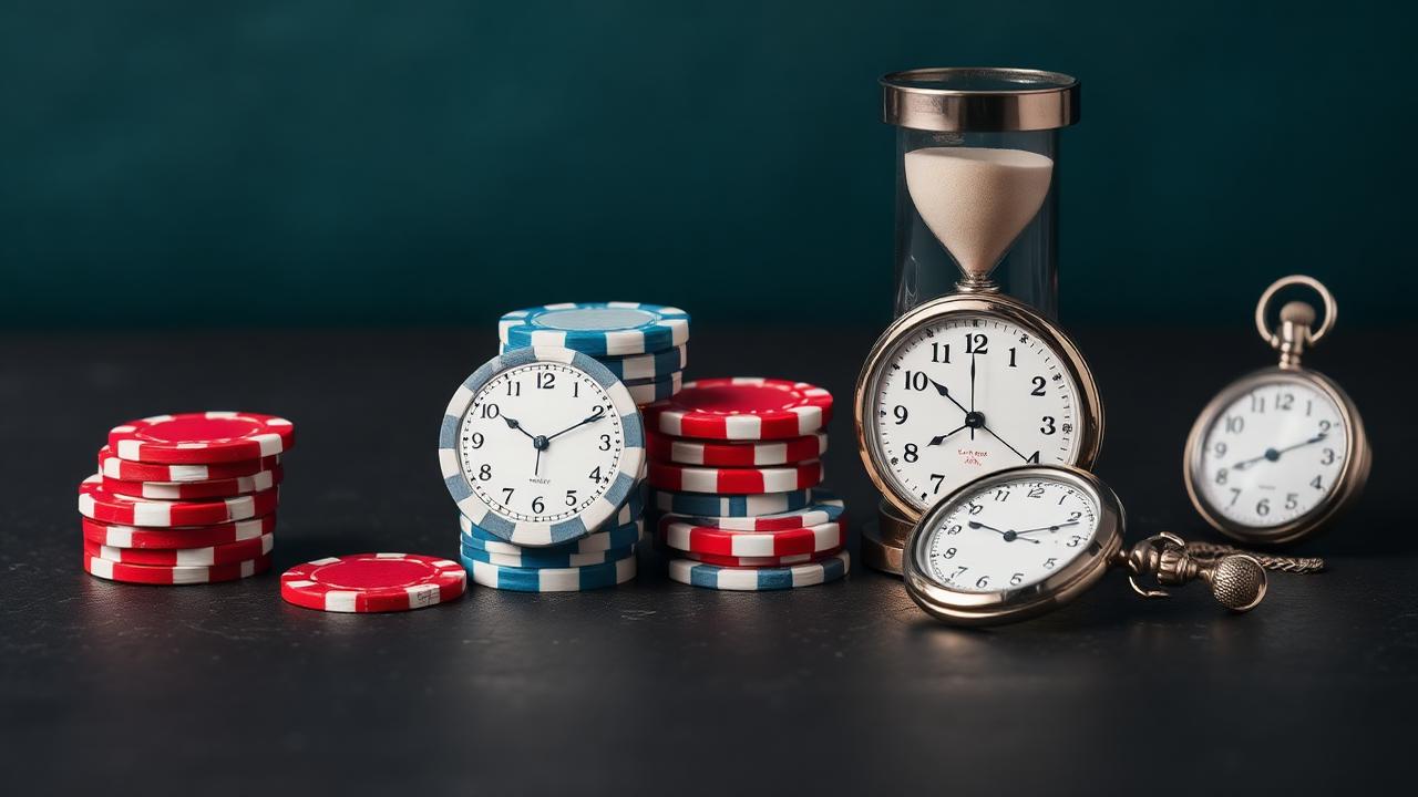 Casino-Chips neben Uhr und Sanduhr als Symbol für verantwortungsvolles Spielen